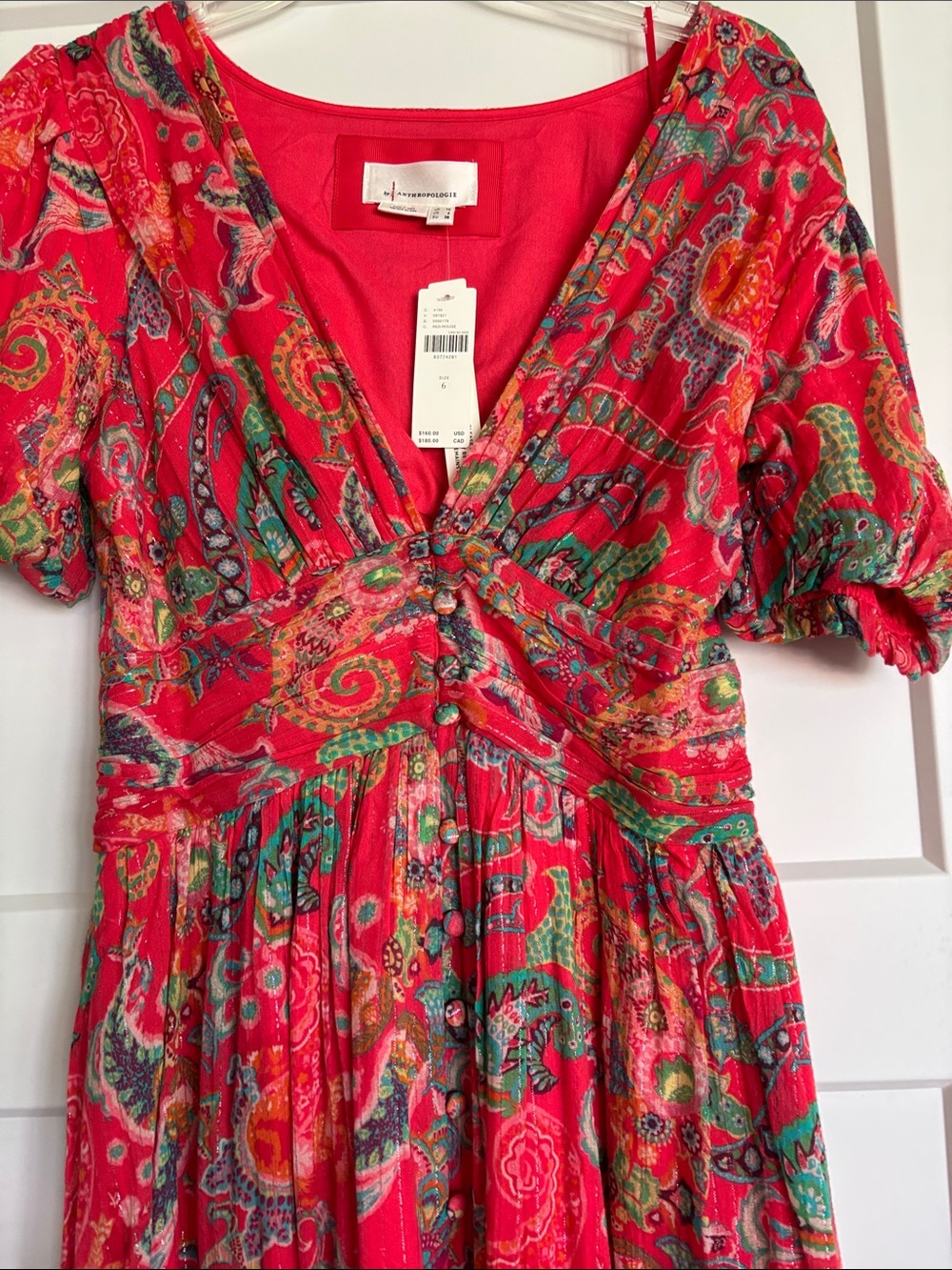Anthropologie Red Paisley Maxi Dress with Puff Sleeves - Picture 6 of 6
